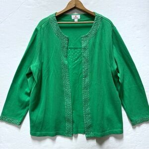 Quacker Factory Cardigan Sweater 1X Kelly Green Rhinestones Attached Tank Knit